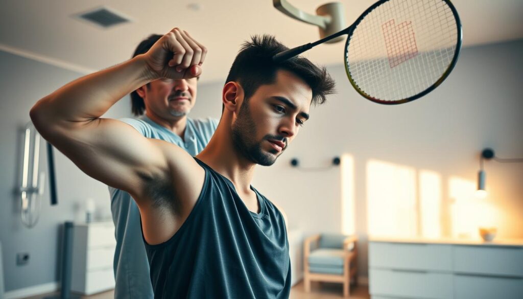 A badminton player undergoing physical therapy, with a physiotherapist guiding the recovery process. The athlete is shown in the foreground, their face expressing determination as they perform stretching exercises under the watchful eye of the healthcare provider. Soft, natural lighting illuminates the scene, casting a warm, therapeutic ambiance. The background features a clean, minimalist treatment room, with medical equipment and soothing décor contributing to the overall sense of rehabilitation and well-being. The composition emphasizes the collaboration between the player and the physiotherapist, capturing the essence of the recovery journey in the context of high-level badminton competition.