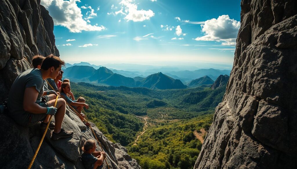 A breathtaking landscape of ASEAN's rich climbing history unfolds. In the foreground, a group of determined climbers scales a rugged rock face, their chalked hands and focused expressions capturing the essence of the sport. The middle ground reveals a sun-dappled mountainside, with lush vegetation and winding trails leading to the base of the climb. In the distance, a tapestry of diverse landscapes - from tropical forests to majestic peaks - speaks to the region's geographic diversity and the challenges faced by generations of ASEAN climbers. Dramatic lighting casts dramatic shadows, adding depth and drama to the scene. A wide-angle lens captures the grand scale of the setting, inviting the viewer to feel the exhilaration and sense of adventure that defines the history of ASEAN climbing.