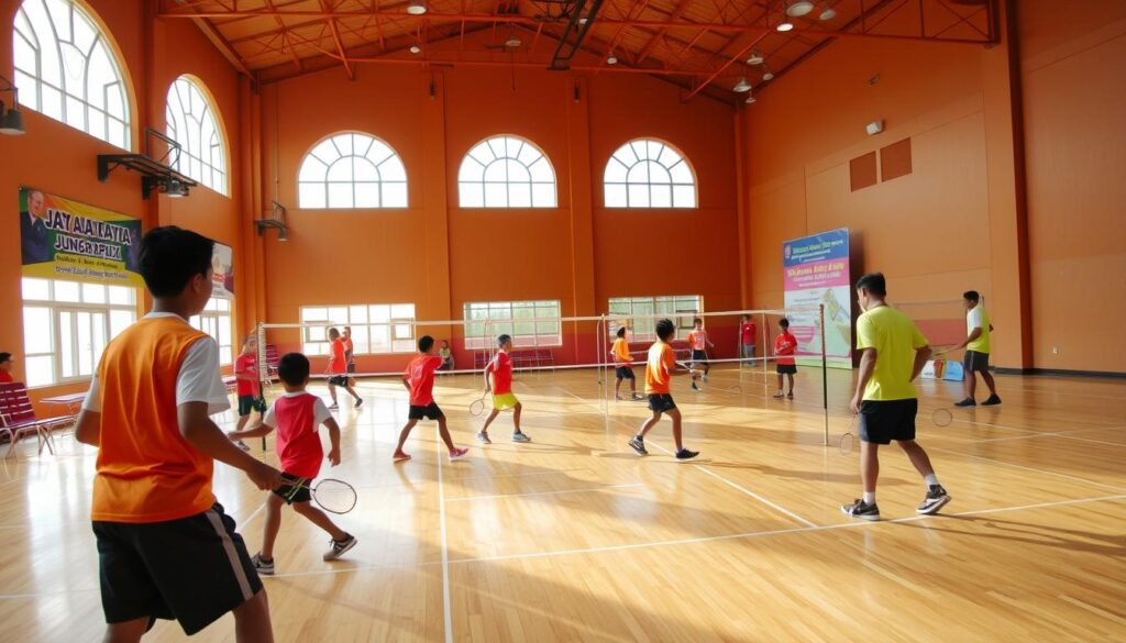 A bustling badminton court, bathed in warm sunlight filtering through high-arched windows. Junior players in vibrant uniforms execute precise drills, their quick footwork and powerful smashes honing skills for the upcoming Jaya Raya Junior Grand Prix. Experienced coaches pace the sidelines, offering encouragement and technical guidance. The atmosphere is one of focused intensity, as the young athletes strive to reach their full potential. Colorful banners and equipment lend an air of professional competition, while the gleaming hardwood floor and modern court setup signal a well-equipped training facility. An image of strategic preparation, dedication, and the promise of future badminton champions.