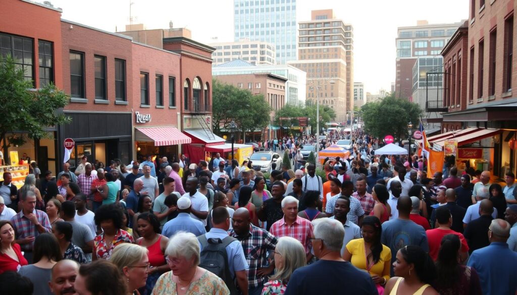 A bustling community square in the heart of Birmingham, Alabama. In the foreground, a diverse crowd of local residents gathers, engaged in lively conversations and activities. In the middle ground, colorful storefronts and street vendors add a vibrant, lively atmosphere. In the background, a mix of modern and historic architecture frames the scene, casting warm, soft lighting across the gathering. The overall mood is one of community, connection, and a celebration of the city's unique cultural identity.