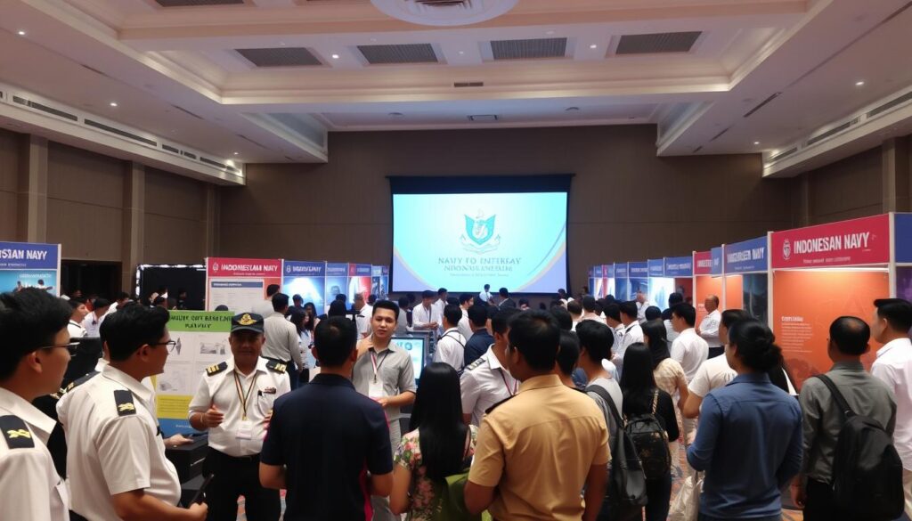 A bustling recruitment fair held in a well-lit indoor venue, showcasing the diverse opportunities available in the Indonesian Navy. In the foreground, a group of enthusiastic candidates engage with informative Navy personnel, discussing the application process and requirements. The middle ground features interactive displays and informational booths, providing a comprehensive overview of the recruitment program. In the background, a large projection screen displays the official Navy emblem and branding, creating a sense of professionalism and institutional pride. The overall atmosphere is one of energy, excitement, and a strong call to service, inviting prospective candidates to consider a rewarding career path within the Indonesian Navy.