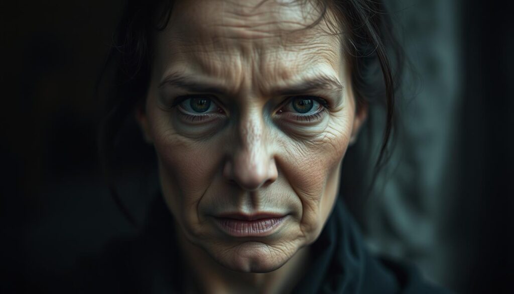 A close-up portrait of a woman, her face etched with sorrow, yet her gaze resolute. She stands amidst a blurred, somber background, representing the aftermath of a broken home. Soft, diffused lighting illuminates her pensive expression, conveying a sense of introspection and a desire to navigate the social responsibilities that arise in the wake of familial upheaval. The image evokes a mood of quiet determination, hinting at the resilience required to rebuild and support others facing similar challenges.
