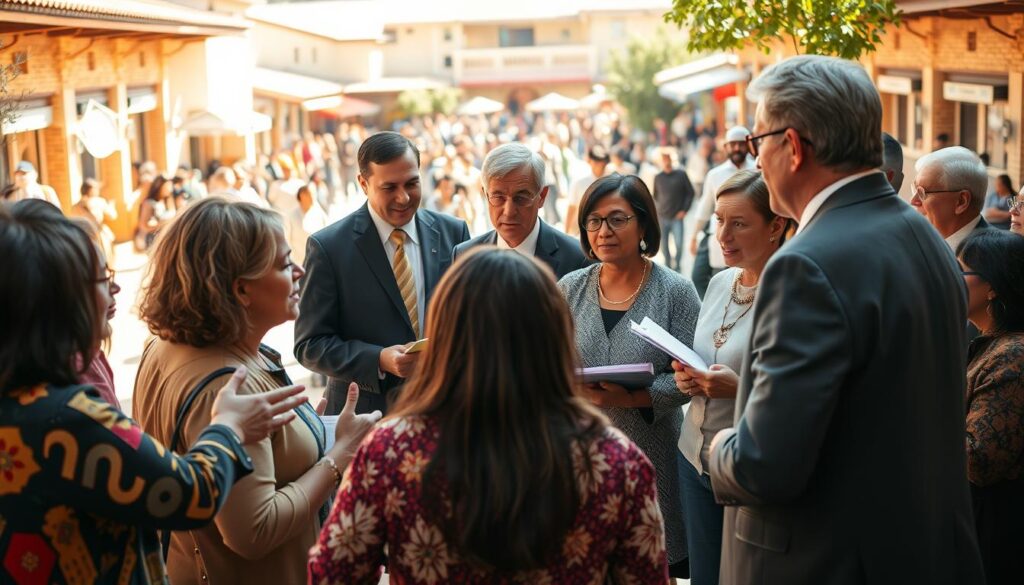 A collaborative scene of government officials and community members working together. In the foreground, a diverse group of people are engaged in discussions, gesturing animatedly as they share ideas. The middle ground showcases government representatives in formal attire, listening intently and taking notes, signifying a two-way exchange. In the background, a bustling town square or community center provides a vibrant, active setting, hinting at the broader context of this collaborative effort. Warm, natural lighting casts a sense of optimism, while the composition suggests a harmonious, inclusive atmosphere where all voices are heard and respected.
