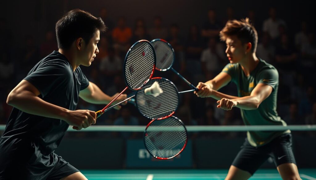 A detailed analysis of a high-intensity badminton match, captured in a cinematic composition. In the foreground, two skilled players locked in a fierce rally, their rackets a blur as they smash the shuttlecock back and forth. Dramatic lighting casts sharp shadows, heightening the sense of intensity. In the middle ground, the court is surrounded by spectators, their faces etched with focus and anticipation. The background blurs, drawing the viewer's attention to the central action, as if captured through a professional sports photographer's lens. The scene conveys the adrenaline-fueled drama and strategic nuances of elite-level badminton.
