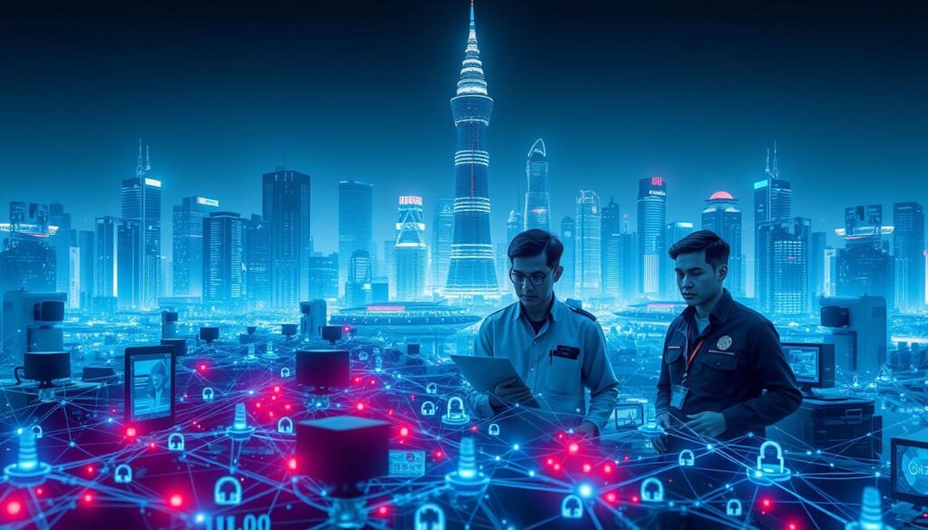 A digital cityscape depicting the state of cyber readiness in Indonesia. In the foreground, a network of interconnected devices and systems, pulsing with data and information. In the middle ground, a team of cybersecurity experts, their expressions focused and determined, monitoring the digital landscape. In the background, a towering, futuristic skyline, its buildings adorned with advanced security measures and surveillance systems. The scene is bathed in a cool, blue-toned lighting, conveying a sense of precision and control. The overall atmosphere is one of vigilance and preparedness, reflecting the nation's commitment to securing its digital future.