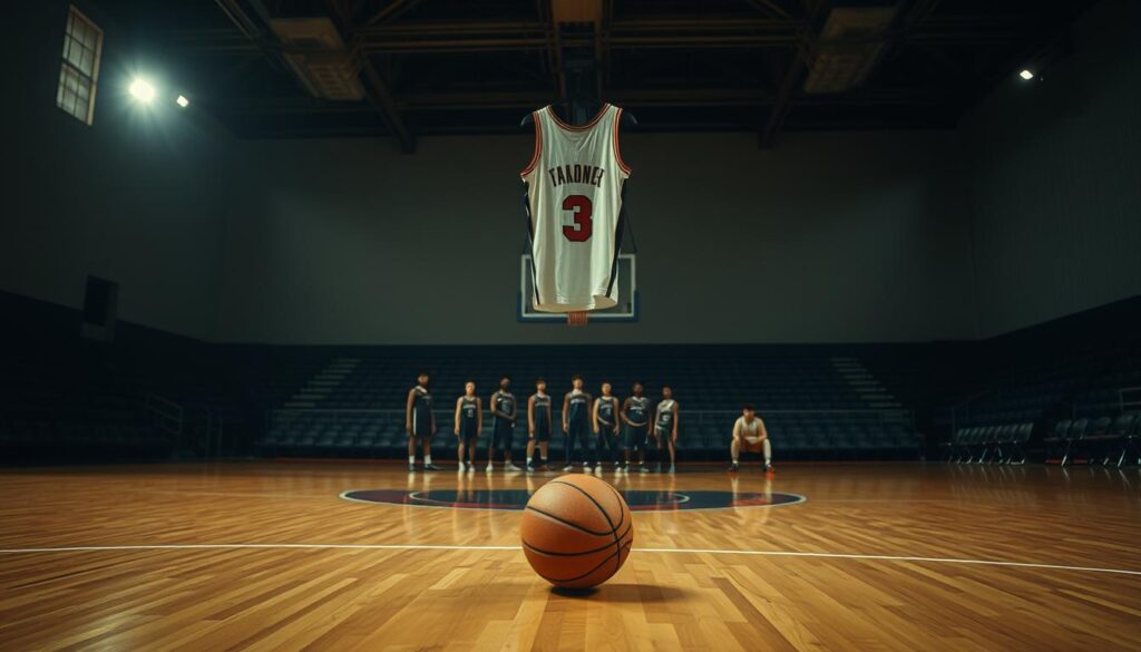 A dimly lit basketball court, with a retired player's jersey hanging solemnly from the rafters. In the foreground, a single basketball rests on the hardwood, a symbol of the game's past glories. The middle ground depicts a group of young players, their faces etched with a mixture of reverence and melancholy, as they contemplate the impact of the legend's departure. In the background, the stands are empty, a testament to the void left by the iconic figure's retirement. The scene is bathed in a warm, nostalgic glow, evoking a sense of finality and the bittersweet emotions that accompany the end of an era.