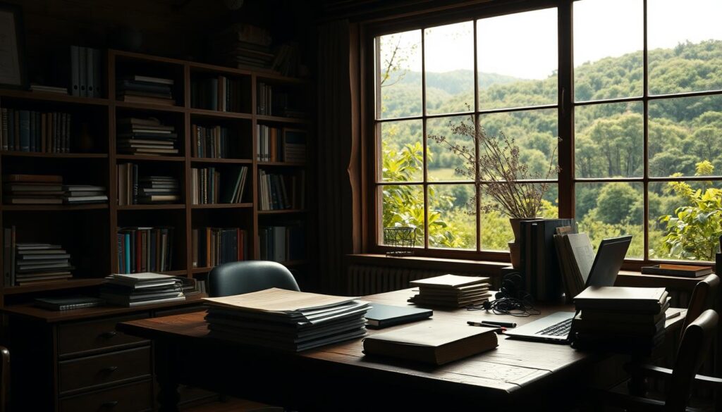 A dimly lit, rustic office interior with a wooden desk and shelves. On the desk, a stack of documents, a laptop, and various office supplies, conveying an atmosphere of academic focus and administrative organization. In the background, a large window overlooking a lush, green landscape, casting warm, natural light across the scene. The overall mood is one of professionalism, attention to detail, and a dedication to the educational process.