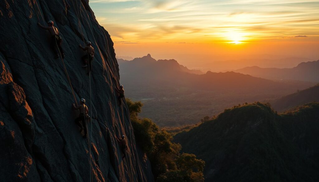 A dramatic scene of Indonesian rock climbers scaling a towering cliff face, their athletic forms silhouetted against a vibrant sky. The foreground features a group of determined climbers expertly maneuvering up the rugged rock surface, their ropes and harnesses creating a intricate web of tension. The middle ground showcases the stunning natural landscape, with lush, verdant foliage framing the imposing rock formation. In the background, a distant horizon glows with warm, golden light, casting a dramatic, cinematic atmosphere over the entire scene. The overall impression is one of strength, skill, and the awe-inspiring majesty of Indonesia's world-class rock climbing achievements.