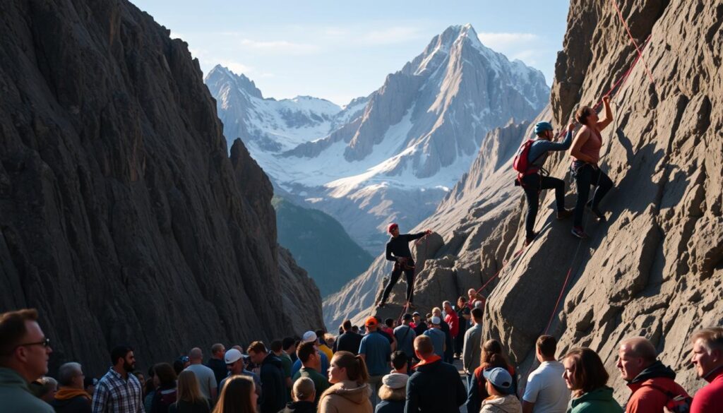 A dynamic rock climbing competition set against a rugged mountainous backdrop. In the foreground, a group of skilled climbers navigate a challenging route, their muscles straining as they ascend the steep, jagged rock face. Mid-ground, spectators watch intently, their faces filled with excitement and anticipation. In the background, towering peaks pierce the sky, their snow-capped summits bathed in warm, golden light. The scene is alive with the thrill of the climb, the camaraderie of the competitors, and the awe-inspiring grandeur of the natural setting. The overall mood is one of intensity, athleticism, and a deep connection with the natural world.