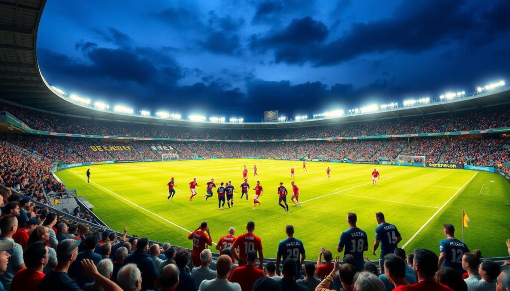 A grand stadium, its towering stands casting dramatic shadows across the verdant pitch. In the foreground, a group of elite soccer players, their uniforms emblazoned with the emblems of the Super League teams, engage in a heated match under the warm glow of floodlights. Spectators fill the bleachers, their roar of excitement echoing through the air. In the background, the city skyline rises, hinting at the larger context of this prestigious competition. The scene exudes a sense of energy, skill, and the thrill of high-stakes competition, capturing the essence of the Super League and the current matchup.