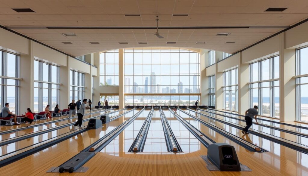 A grand, well-lit bowling center with a sleek, modern design. The foreground features a row of gleaming bowling lanes, with bowlers engaged in animated gameplay. The middle ground showcases a spacious, airy atrium with high ceilings and floor-to-ceiling windows, allowing natural light to flood the space. In the background, a panoramic view of the Ancol Beach and the Jakarta skyline can be seen through the large windows, creating a stunning backdrop. The overall atmosphere is one of energy, excitement, and a touch of coastal charm, perfectly capturing the essence of the Jaya Ancol Bowling Center.
