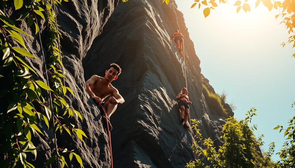 A group of Indonesian rock climbers ascending a towering, sun-dappled cliff face, their lean, muscular frames silhouetted against the azure sky. In the foreground, a climber grips the craggy surface, brow furrowed in concentration, chalk-dusted hands anchoring their body as they make a critical move. Behind them, teammates scale the rock in perfect synchrony, their vivid climbing gear and determined expressions capturing the thrill of the ascent. The scene is framed by lush, verdant foliage cascading down the cliff's edges, lending a sense of rugged, untamed beauty to the adrenaline-fueled endeavor. Warm, golden light filters through the leaves, casting a soft, adventurous glow over the Indonesian climbing team as they conquer their towering challenge.