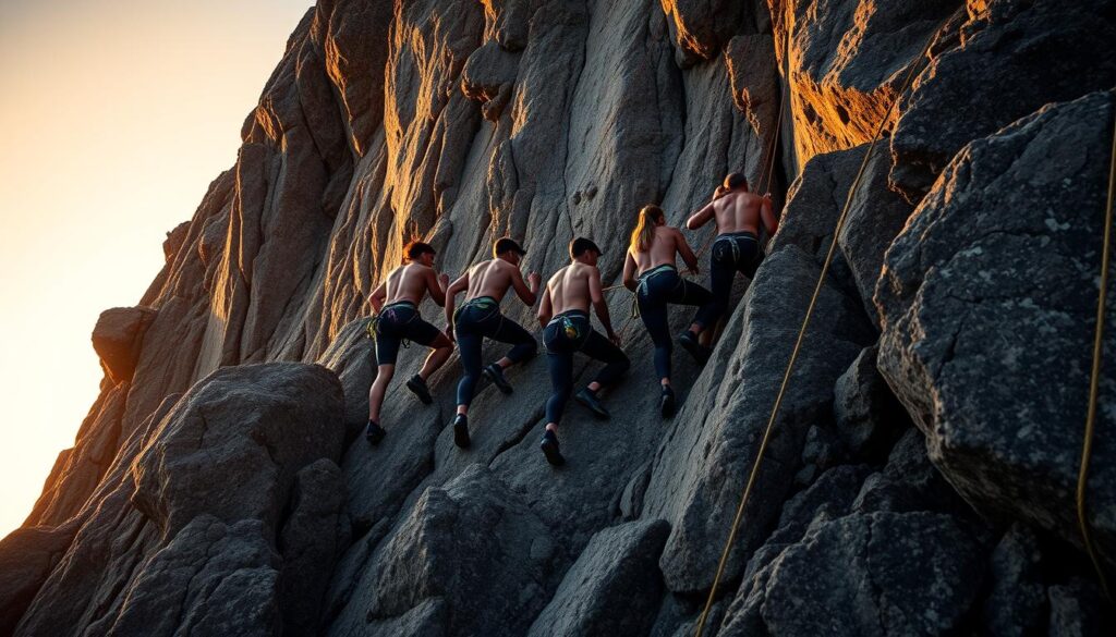 A group of determined athletes ascending a rugged, towering rock face, their lithe forms silhouetted against the golden glow of the setting sun. Carabiners and ropes glinting as they move with practiced precision, each step carefully placed on the uneven terrain. The air is crisp and the atmosphere charged with a sense of focus and anticipation, as these skilled climbers prepare for the upcoming Sea Games competition. The scene captures the essence of their dedicated training and the thrill of the sport, conveying the dynamic energy and physical prowess that will be on display.