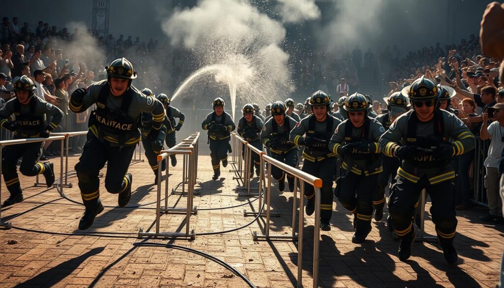 A group of first responders in matching uniforms and gear, engaged in a high-intensity competition. The foreground features athletes dashing through an obstacle course, leaping over hurdles and scaling ladders with urgency. The middle ground showcases firefighters in action, operating powerful hoses and cutting through steel with precision. In the background, a crowd of spectators cheers on the competitors, creating an electric atmosphere of camaraderie and teamwork. Dramatic lighting casts long shadows, emphasizing the physicality and dynamism of the scene. A wide-angle lens captures the full scope of the event, with a low camera angle heightening the sense of power and athleticism.