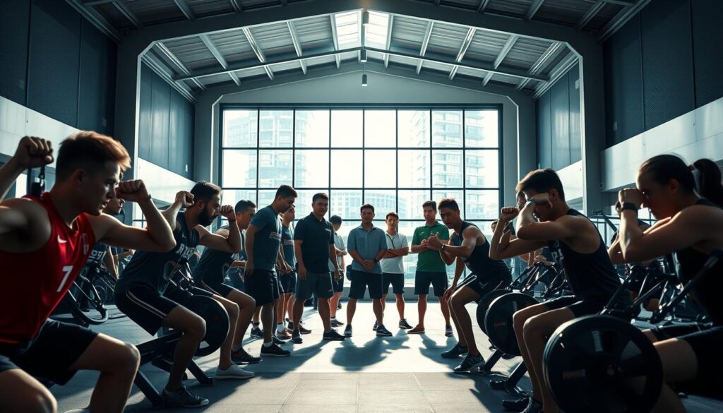 A high-intensity training session in a state-of-the-art sports facility, with athletes from the Thai national team pushing their limits on a variety of exercises and equipment. Bright, natural lighting illuminates the scene, casting dramatic shadows and highlighting the determined expressions on the faces of the focused competitors. The middle ground features a group of coaches and trainers closely observing the athletes, offering guidance and encouragement. In the background, a sleek, modern architecture with clean lines and large windows creates a professional, high-performance atmosphere. The overall mood is one of intense focus, discipline, and the pursuit of excellence as the Thai athletes prepare for the upcoming SEA Games.