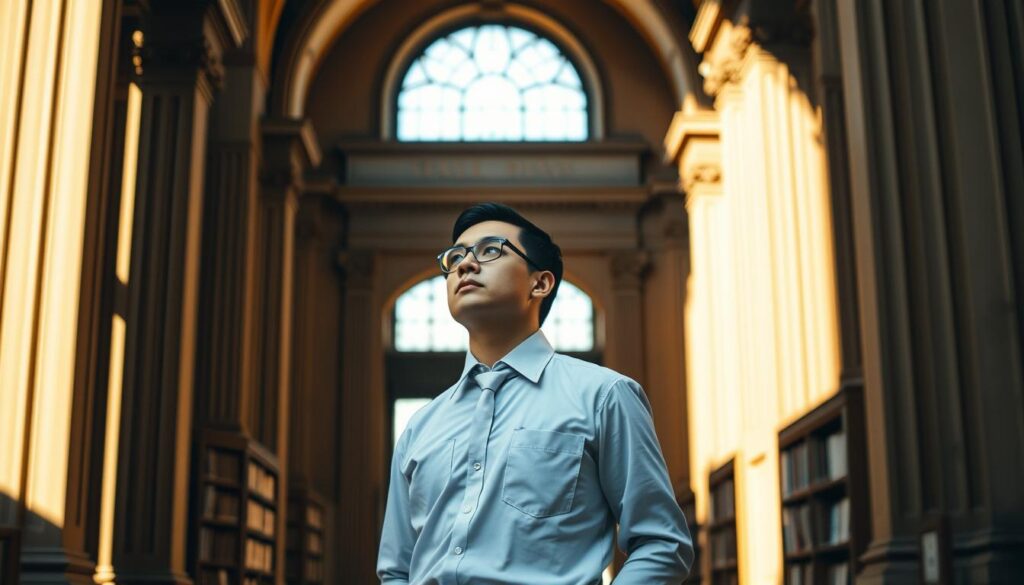 A librarian standing tall, a beacon of knowledge, their gaze fixed on the horizon. The library's grand entrance frames them, ornate columns and arches casting dramatic shadows. Warm lighting bathes the scene, creating an inviting atmosphere. The librarian's uniform is crisp and professional, a symbol of their dedication to serving the community. In the background, rows of bookshelves stretch out, a testament to the wealth of information they safeguard. This image captures the librarian as the frontline defender of literacy, a guardian of the written word, ready to guide and empower all who seek enlightenment.