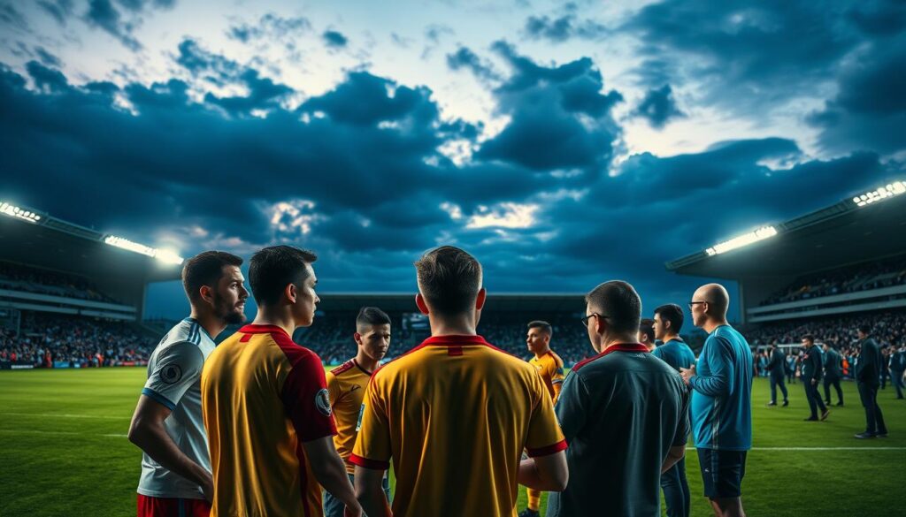 A modern soccer stadium under a dramatic evening sky, the floodlights casting a warm glow over the pitch. In the foreground, a group of international soccer players gathered, discussing new regulations regarding foreign players in the Super League. Their expressions reflect a mix of concern and determination as they navigate the changing landscape of the league. The middle ground shows the bustling activity of league officials and coaches, deep in conversation. In the background, the silhouettes of spectators can be seen, adding to the sense of anticipation and excitement around the upcoming season. The lighting and composition create a sense of tension and importance, befitting the significance of the new player regulations.