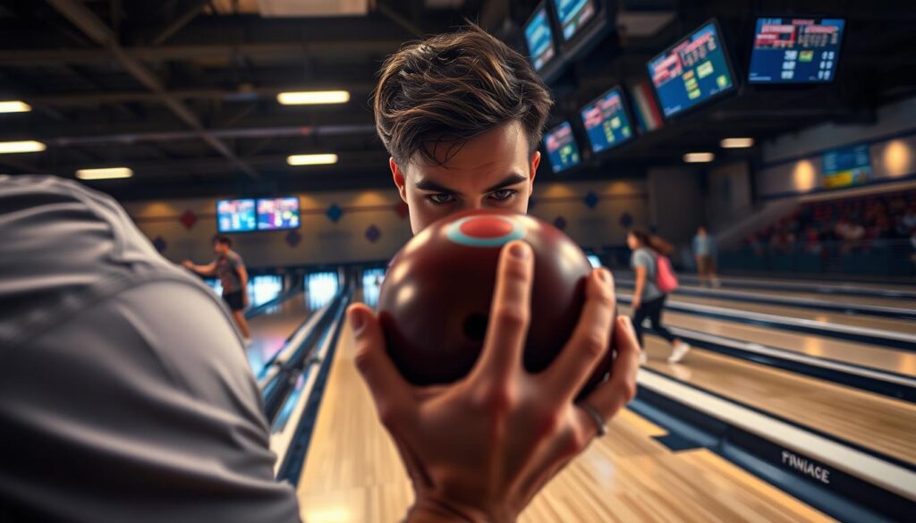 A professional bowling alley, dimly lit with warm overhead lighting. In the foreground, a bowling ball in the hands of a determined athlete, poised to release it onto the polished wooden lanes. The athlete's face is captured in a moment of intense focus, brow furrowed, eyes narrowed, as they prepare to deliver a strike. In the middle ground, other bowlers can be seen, their forms blurred in motion, creating a sense of dynamic competition. The background features the scoreboards and spectator seating, hinting at the larger event unfolding. The atmosphere is charged with the thrill of the sport, the air thick with anticipation as the athlete's skill and precision are put to the test.
