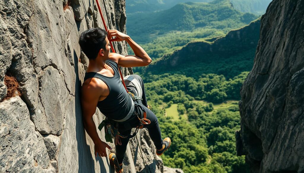 A professional climber in sleek athletic gear scaling a rugged, granite cliff face, muscles rippling as they navigate the intricate routes. The sun casts dramatic shadows, highlighting the climber's focus and determination. In the background, lush green foliage and a scenic vista of Indonesia's breathtaking natural landscapes. The image conveys the power, grace, and skill of an elite Indonesian rock climbing athlete, primed and ready to compete on the world stage.