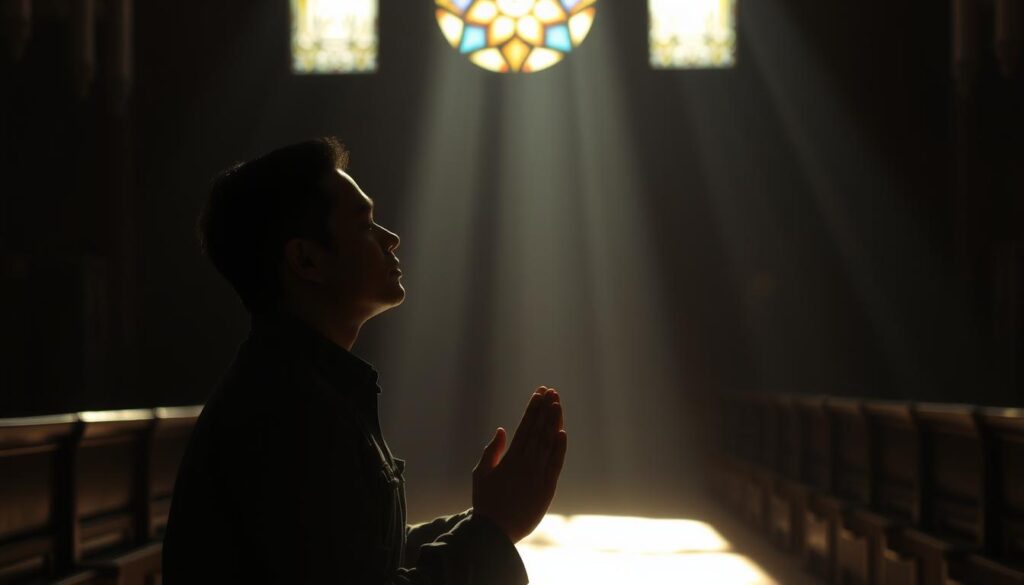 A serene, dimly lit sanctuary with a central figure kneeling in prayer, their hands clasped together, eyes closed, and expression deeply contemplative. Soft, warm lighting illuminates their face, casting a reverent glow. In the background, a stained-glass window filters in muted, ethereal light, creating an atmosphere of profound spiritual connection. The scene evokes a sense of devotion, introspection, and the power of faith expressed through the act of prayer, visually capturing the essence of "iman melalui doa" (faith through prayer).