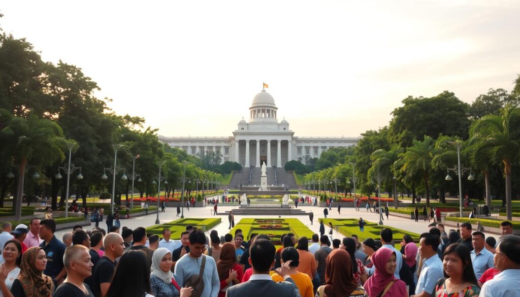 A serene landscape depicting the presence of the state, with a central focus on a government building or monument symbolizing the role of the legislature. The foreground features citizens of diverse backgrounds gathered peacefully, their expressions reflecting a sense of civic engagement and dialogue. The middle ground showcases a well-maintained public space, with lush greenery and clean walkways, creating an atmosphere of community and inclusivity. In the background, a clear sky with soft lighting illuminates the scene, conveying a sense of optimism and progress. The overall composition emphasizes the interconnectedness between the people, the government, and the shared public space, reflecting the theme of "Politik Peran DPR Suarakan Kopdeskel: Perspektif dan Implementasi".