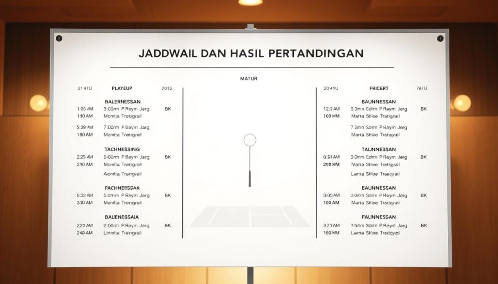 A sleek, minimalist schedule board displaying a comprehensive badminton tournament lineup. The foreground features crisp, neatly-arranged text detailing the matchups, player names, and event timings, all set against a clean, white background. The middle ground showcases a subtle, elegant court silhouette, hinting at the sport's dynamic nature. In the background, a soft, blurred gradient evokes a sense of professionalism and sophistication, perfectly complementing the overall design. Warm, natural lighting casts a subtle glow, creating a welcoming, high-quality atmosphere. The overall composition strikes a balance between informative clarity and visually-appealing aesthetics, making it an ideal illustration for the "Jadwal dan Hasil Pertandingan" section.