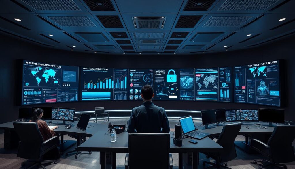 A sleek, modern control center for cybersecurity, featuring a panoramic display showcasing real-time data analytics and threat detection. Holographic interfaces and tactile control panels allow experts to monitor and respond to cyber threats with precision. Subtle ambient lighting creates a focused, high-tech atmosphere, while ergonomic workstations foster collaboration. The room is accented with subtle industrial elements, hinting at the complex infrastructure powering this cutting-edge cybersecurity strategy. An air of authority and confidence pervades the space, reflecting Indonesia's commitment to safeguarding its digital future.