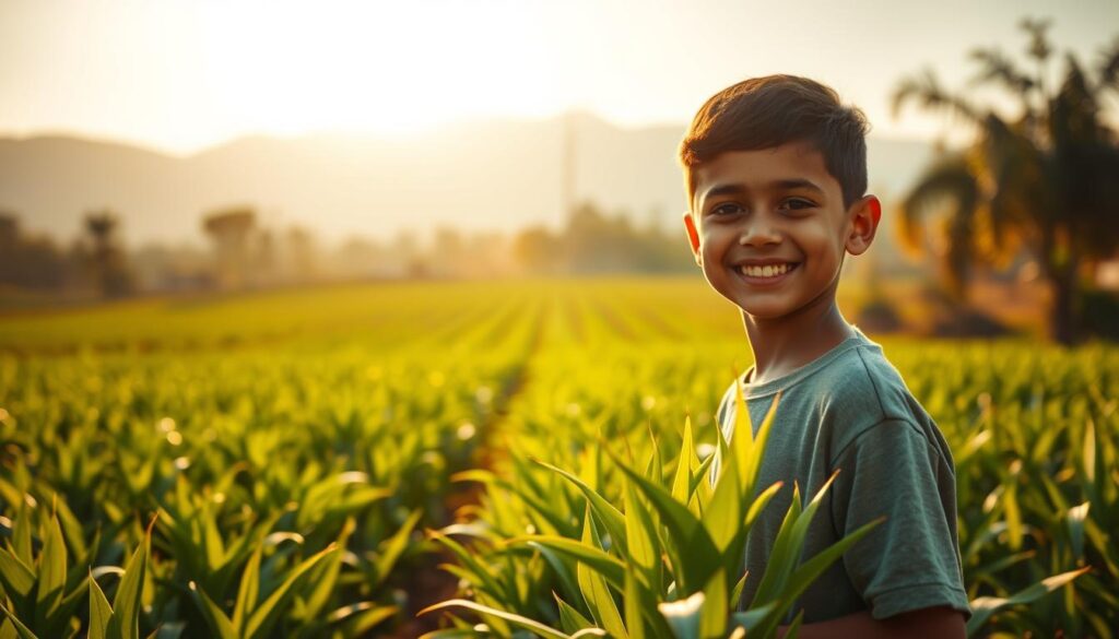 A social media viral video, captured with a cinematic lens, showcasing a young boy, Rayyan, against a vibrant, sun-drenched backdrop of lush, verdant farmland. Warm, golden lighting bathes the scene, casting a captivating, almost magical ambiance. Rayyan stands in the foreground, his face alight with a joyful, infectious smile, as he tenderly tends to the crops around him. The middle ground is filled with the rhythmic, swaying motion of the crops, creating a mesmerizing, almost hypnotic visual effect. In the distance, the hazy silhouettes of towering, majestic mountains loom, adding a sense of scale and wonder to the idyllic, pastoral setting. The overall mood is one of childlike wonder, boundless energy, and the profound connection between a young soul and the natural world.