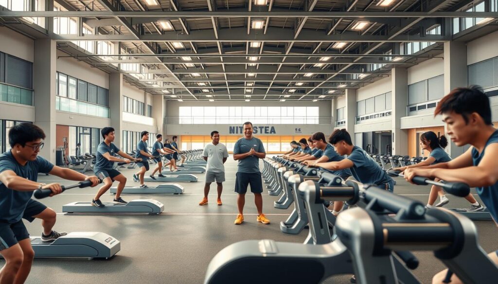 A state-of-the-art national training center, its modern facilities bathed in warm, natural lighting. In the foreground, athletes practice their skills on sleek, specialized equipment, their faces determined as they push their limits. In the middle ground, coaches observe intently, offering guidance and encouragement. The background reveals expansive training halls, equipped with the latest technology and amenities to support the holistic development of these elite competitors. An atmosphere of focused intensity permeates the scene, reflecting the unwavering dedication of these athletes as they prepare to represent their nation on the global stage of the SEA Games.