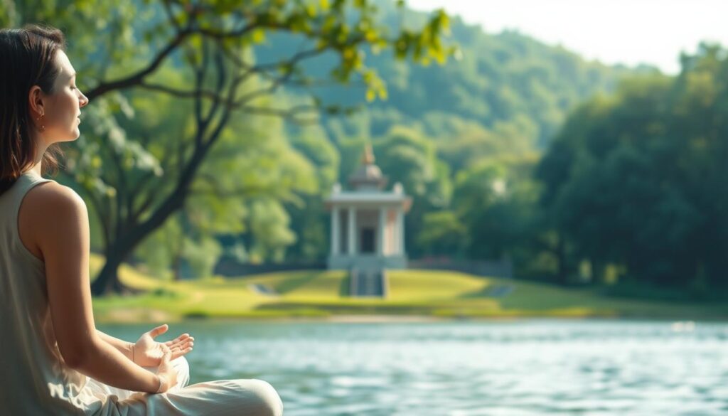 A tranquil landscape depicting the balance between spiritual and physical needs. In the foreground, a person sits in a meditative pose, hands resting on their lap, eyes closed, exuding a sense of inner peace. In the middle ground, a simple yet elegant temple or place of worship stands, its architecture blending seamlessly with the natural surroundings. The background features a lush, verdant forest, with dappled sunlight filtering through the canopy, creating a serene and calming atmosphere. The overall scene conveys a harmonious integration of the spiritual and the physical, inviting the viewer to find equilibrium between the two realms.