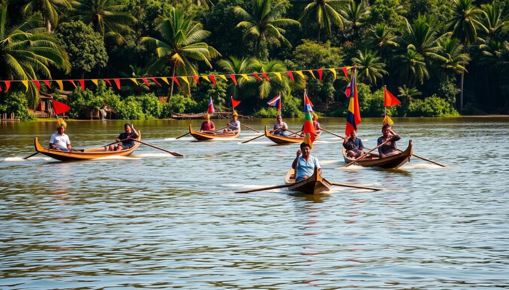 A vibrant spectacle unfolds on the tranquil river, as traditional Pacu Jalur boats glide gracefully across the water. In the foreground, skilled rowers propel their long, slender vessels forward, their oars cutting through the gentle current with rhythmic precision. The middle ground is alive with colorful flags and banners, fluttering in the warm breeze and creating a festive atmosphere. In the background, lush tropical foliage lines the riverbanks, casting dappled shadows and adding depth to the scene. The lighting is soft and natural, illuminating the intricate wooden carvings and vibrant hues of the boats. The overall mood is one of cultural celebration, tradition, and a deep connection to the land and water that have sustained this community for generations.