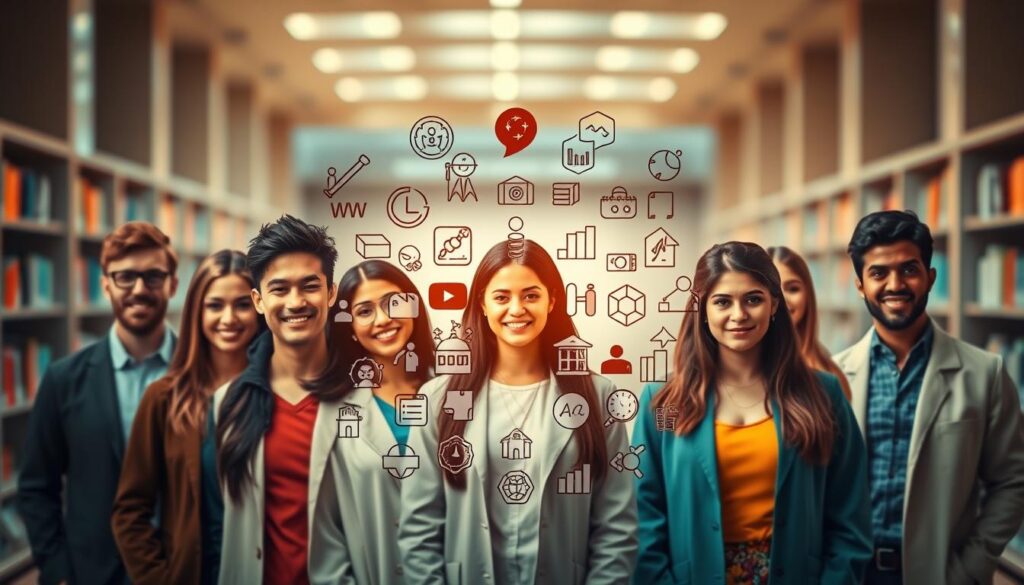 A vibrant, visually engaging image depicting various scholarship opportunities in the field of pharmacy. In the foreground, showcase a group of diverse individuals, each representing a different scholarship program - their expressions and poses conveying a sense of purpose, achievement, and camaraderie. In the middle ground, display a collage of relevant icons, logos, and symbols associated with these scholarship initiatives, arranged in a dynamic, eye-catching layout. In the background, establish a warm, professional atmosphere with subtle, elegant lighting and a blurred, yet distinguished academic setting, such as a university campus or research laboratory. The overall composition should exude a sense of opportunity, academic excellence, and the transformative potential of these pharmacy scholarship programs.