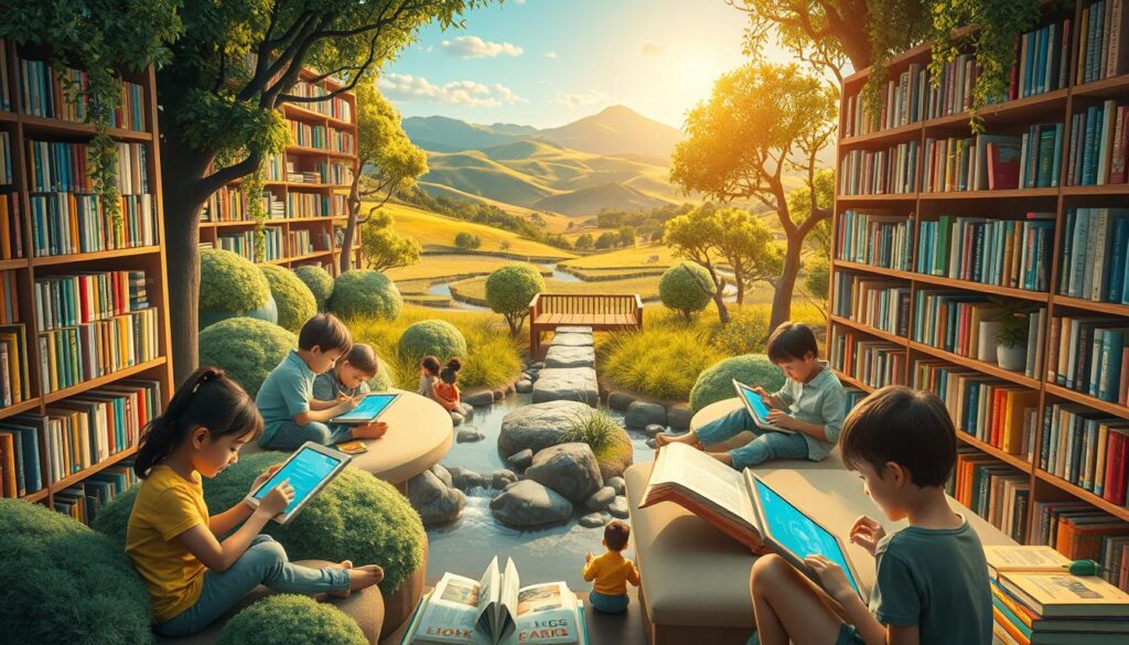 A vibrant, well-lit ecosystem of literacy, with shelves of books, tablets, and digital devices nestled in a serene, nature-inspired setting. In the foreground, children and adults engaged in reading, writing, and interactive learning activities, their faces alight with curiosity and wonder. The middle ground features a central hub, like a community library or learning center, surrounded by lush greenery and flowing water. In the background, a panoramic view of rolling hills, a clear sky, and the sun's warm glow, creating a sense of harmony and connection between the physical and digital realms of knowledge and understanding. The overall atmosphere is one of exploration, discovery, and the joyful pursuit of lifelong learning.
