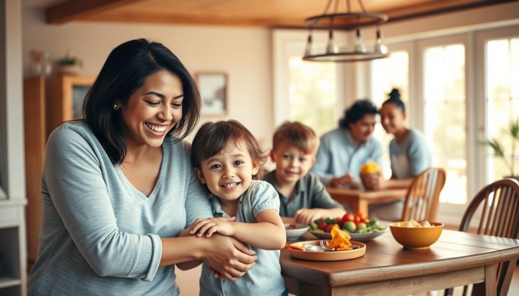 A warm, harmonious family scene in a cozy home interior. In the foreground, a joyful mother and father embrace their two young children, their expressions radiating love and contentment. The middle ground shows the family gathered around a wooden dining table, enjoying a meal together. Soft, natural lighting filters in through large windows, casting a gentle glow throughout the space. The background features simple, tasteful decor that creates a sense of comfort and togetherness. The overall atmosphere conveys a profound sense of familial unity, inner peace, and divine blessings.