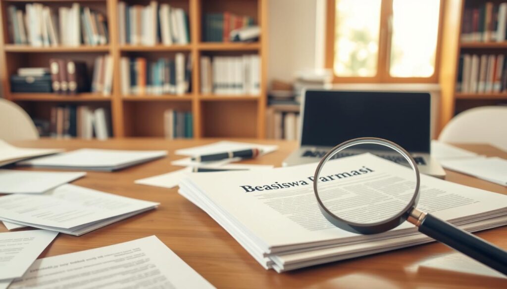 A well-lit academic setting with a wooden desk, scattered documents, and a laptop. On the desk, a stack of folders labeled "Beasiswa Farmasi" and a magnifying glass examining the fine print. Bookshelf in the background, conveying a sense of scholarly research. Warm, neutral tones create a professional, focused atmosphere, guiding the viewer's attention to the key elements of the application process.