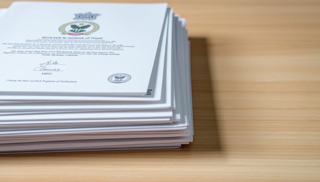 A well-organized stack of official-looking documents with a formal, authoritative appearance. The documents are neatly arranged on a plain, lightly textured surface, perhaps a wooden desk or table, illuminated by soft, even lighting from above. The documents feature various seals, stamps, and logos, suggesting their importance and legitimacy. The overall scene conveys a sense of organization, attention to detail, and the seriousness of the registration process. The image should be captured from a slight elevated angle, creating a sense of depth and professionalism.