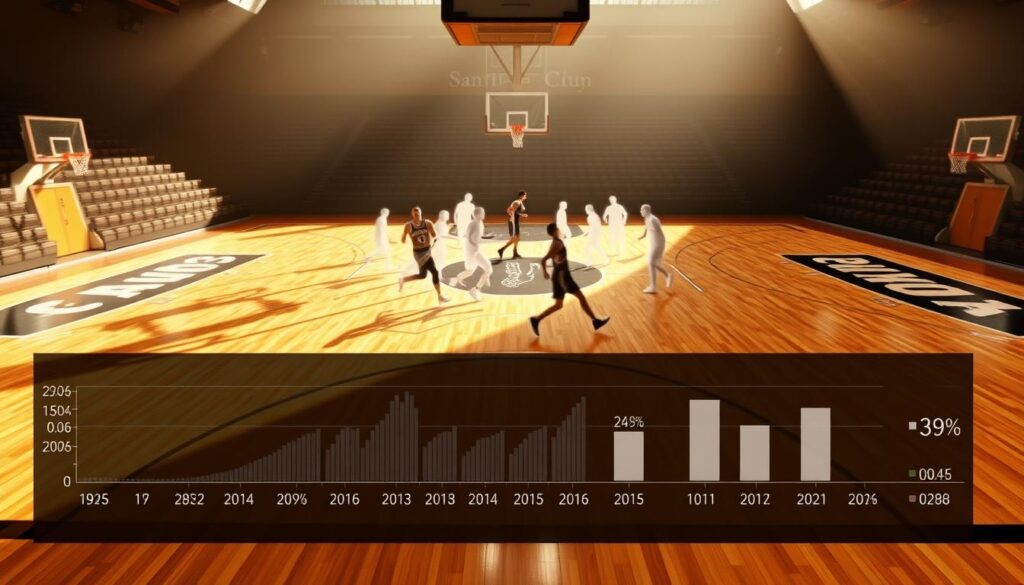 An intricate statistical analysis of the San Antonio Spurs' performance, captured in a visually striking manner. A sweeping view of the team's home court, illuminated by warm, natural lighting that casts dramatic shadows across the hardwood. In the foreground, a detailed data visualization showcases key metrics such as points per game, field goal percentage, and defensive ratings, presented in a clean, minimalist style. In the middle ground, ghostly silhouettes of players dart across the court, their movements blurred to emphasize the fast-paced, dynamic nature of the game. The background features a muted, textured cityscape, hinting at the team's long-standing presence in San Antonio. The overall mood is one of analytical rigor and passionate dedication, befitting the subject of the article's section.