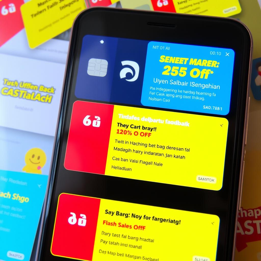Ilustrasi notifikasi promo cashback dan diskon dari berbagai aplikasi dompet digital