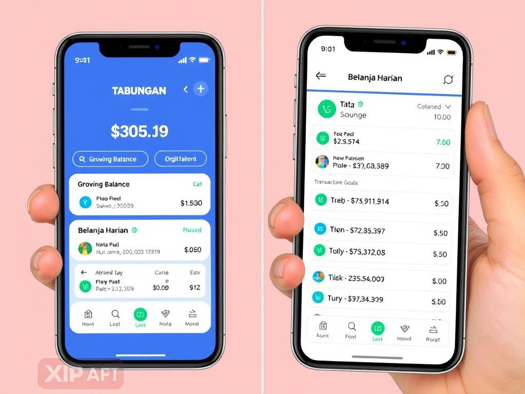 Ilustrasi pemisahan dana tabungan dan belanja dalam dua aplikasi dompet digital berbeda