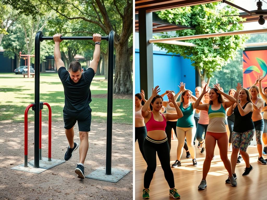 Latihan bodyweight di taman dan kelas zumba indoor Latihan bodyweight di taman dan kelas zumba indoor