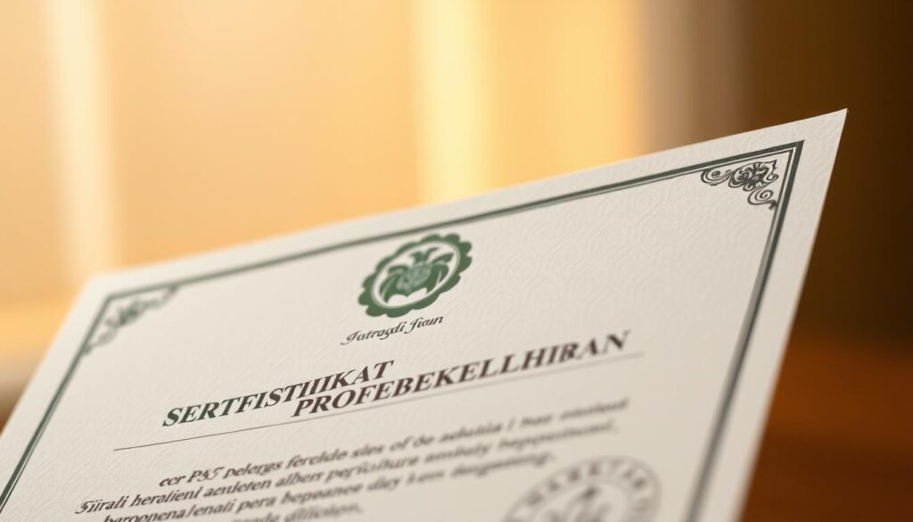 a close-up shot of a professional agricultural certificate or "sertifikat profesi perkebunan" against a soft, blurred background. The certificate is made of high-quality paper with an embossed seal, elegant typography, and official-looking stamps and signatures. The lighting is warm and diffused, creating a sense of prestige and authority. The angle is slightly tilted to showcase the intricate details of the document. The overall mood is one of professionalism, expertise, and recognition in the field of agricultural studies or horticulture.