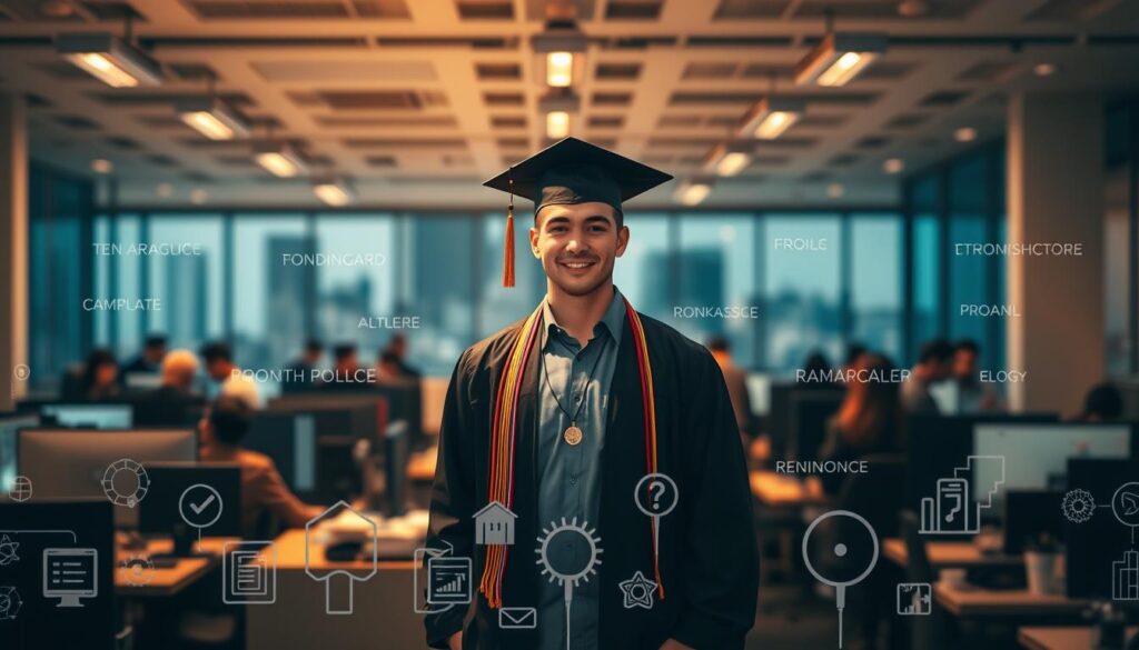 A bustling office scene with a computer science graduate standing at the center, surrounded by various job roles and titles. The lighting is warm and inviting, with a subtle depth of field effect to draw the eye towards the graduate. In the foreground, there are icons and symbols representing different technical skills and competencies, while the background features a cityscape, hinting at the diverse career paths available. The overall atmosphere conveys a sense of opportunity, transition, and the seamless integration of academic knowledge into the professional world.