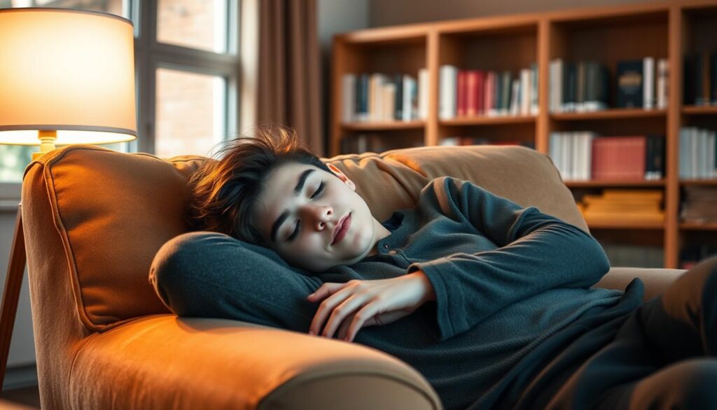 A college student resting peacefully on a plush, oversized armchair, their eyes closed and expression serene. Warm, diffused lighting from a nearby lamp casts a soft glow, creating a tranquil and comforting atmosphere. In the background, a neatly organized bookshelf and a large window, hinting at the student's academic environment. The scene conveys a sense of much-needed rest and rejuvenation, emphasizing the importance of adequate sleep and relaxation for maintaining mental well-being.