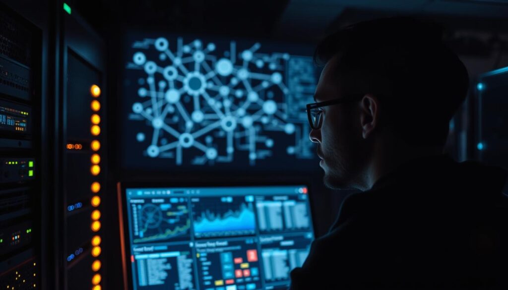 A dimly lit computer server room, the hum of fans and the glow of LED indicators creating an atmospheric backdrop. In the foreground, a cybersecurity analyst intently monitors a dashboard of security analytics, their face illuminated by the soft blue light of the display. Intricate network diagrams and encrypted data streams projected on the wall behind them, symbolizing the complexities of information security. The scene conveys a sense of vigilance and the critical importance of safeguarding digital assets in the modern IT landscape.