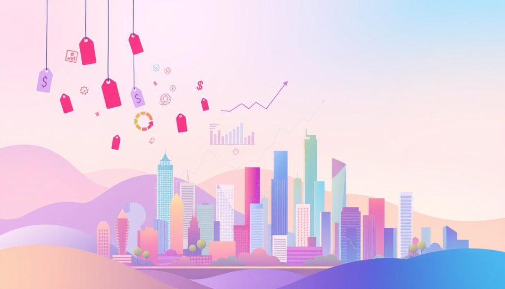 A vibrant digital illustration depicting the strategic pricing landscape. In the foreground, a series of price tags and symbols hover above a stylized cityscape, suggesting the dynamic interplay of supply, demand, and revenue models. The middle ground features a carefully curated arrangement of charts, graphs, and analytic visualizations, conveying the complexity of pricing decisions. In the background, a soft gradient of complementary hues creates a sense of depth and professionalism. Subtle lighting and a clean, minimalist aesthetic imbue the scene with a sense of thoughtful deliberation, befitting the "Strategi Penetapan Harga, Komisi, dan Model Monetisasi Turunan" subject matter.