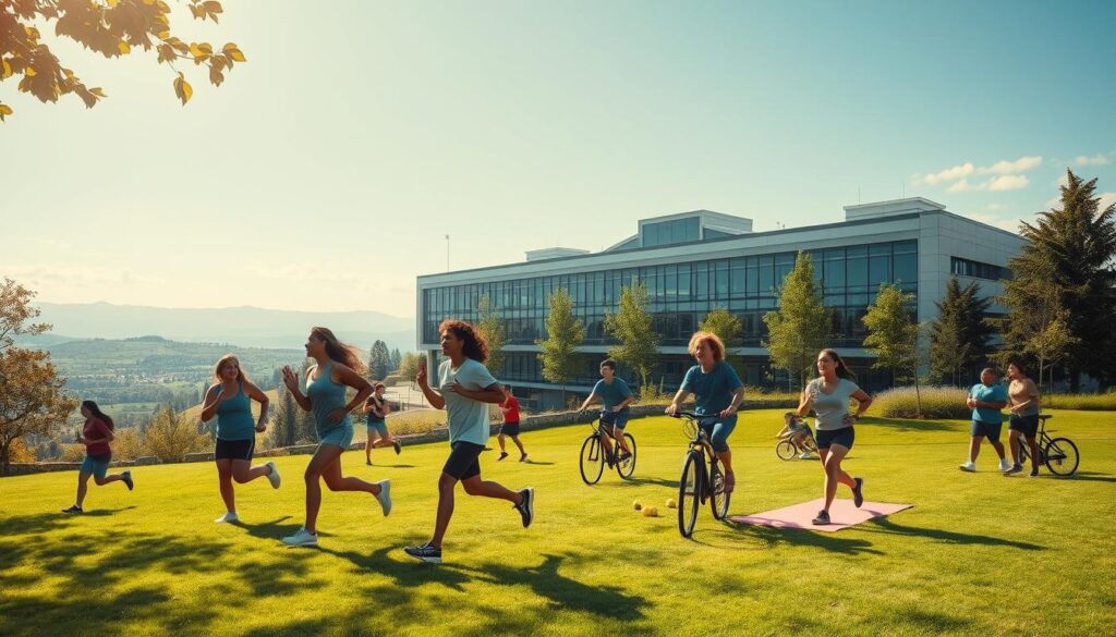 A vibrant, sun-dappled university campus scene. In the foreground, a group of students engaged in various healthy activities - jogging, yoga, cycling, and playing sports on a well-manicured lawn. The middle ground features a modern, eco-friendly university building with large windows, surrounded by lush greenery. In the background, a scenic vista of rolling hills and a clear blue sky, conveying a sense of tranquility and balance. The lighting is soft and natural, highlighting the students' energetic yet relaxed demeanor. The overall atmosphere promotes a holistic, wellness-focused lifestyle for the academic community.