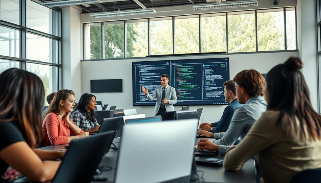 A well-lit, wide-angle shot of a modern computer science classroom. In the foreground, a group of diverse students are intently studying software development on their laptops, their expressions focused and engaged. In the middle ground, a professor gestures animatedly as they explain a complex coding concept on a large interactive display. The background features floor-to-ceiling windows, allowing natural light to pour in and illuminate the space, creating a bright, airy atmosphere conducive to learning. The overall scene conveys the dynamic, technology-driven nature of the computer science field and the wealth of promising career opportunities available to those who study it.