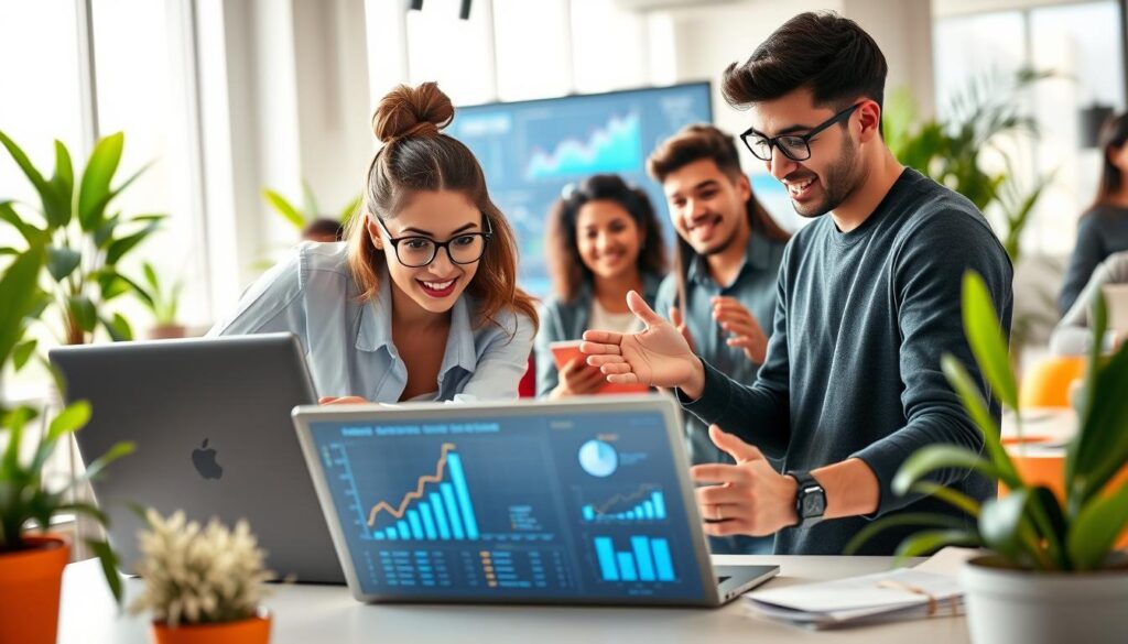A vibrant and dynamic digital workspace featuring a diverse group of young adults engaged in collaborative activities. In the foreground, a focused young woman in smart casual attire leans over a laptop, analyzing data, while a young man beside her gestures animatedly, sharing ideas. The middle ground showcases a large digital screen displaying graphs and innovative designs, hinting at the theme of digital innovation. The background is filled with bright, modern office furniture and plants, emphasizing an atmosphere of creativity and empowerment. Soft, natural lighting streams in from large windows, creating an inviting and energetic mood. A wide-angle perspective captures the collaborative essence of youth work in a digital setting, fostering a sense of community and progress.