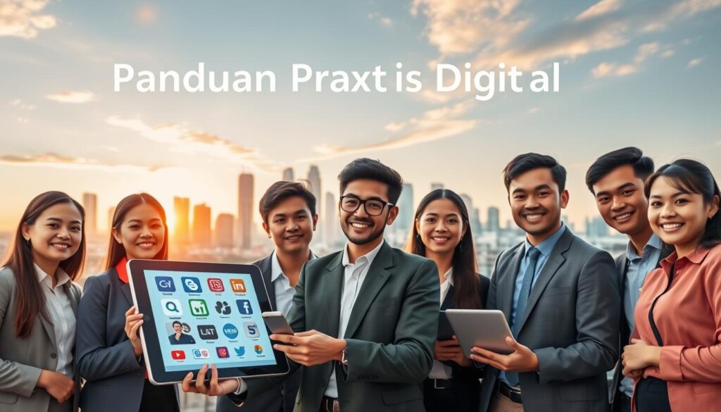 A vibrant and engaging image portraying the concept of "Panduan Praktis Digital." In the foreground, a diverse group of young adults, dressed in professional business attire, are gathered around a modern digital tablet displaying various apps and tools relevant to digital consumption and innovation. In the middle ground, a stylish workspace filled with laptops, smartphones, and digital gadgets emphasizes the modern digital landscape. The background features a city skyline with tall buildings subtly lit by the warm glow of sunset, conveying a sense of opportunity and ambition. Soft, natural lighting enhances the friendly atmosphere, while the overall mood radiates enthusiasm and collaboration. The image excludes any text, ensuring a clean visual.
