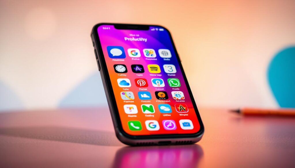 A vibrant and modern app store interface displayed on an iPhone, showcasing a selection of mobile applications related to productivity and utilities. The foreground features a sleek iPhone with a vivid colored display, highlighting popular app icons prominently. In the middle, soft shadows cast by the device enhance the visual appeal, while a warm, inviting light illuminates the scene, suggesting a cozy workspace atmosphere. The background is filled with subtle abstract shapes and patterns, echoing the digital theme, creating depth without distraction. The angle is slightly tilted to emphasize the iPhone's screen while keeping the focus on the app store interface. The overall mood conveys innovation and accessibility in the iOS ecosystem.